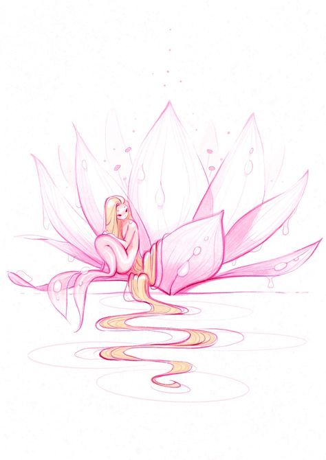 Lotus Fairy, Lilies Drawing, Fairy Drawings, Mermaid Drawings, Arte Sketchbook, Fairytale Art, Mermaid Art, Tiny Humans, Fairy Art