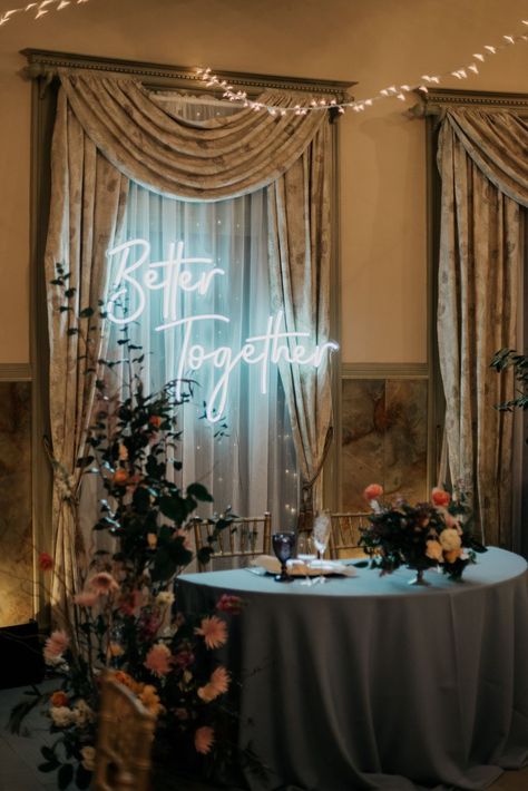 Neon Sign Backdrop, Whimsical Romantic Wedding, Better Together Neon Sign, California Ranch Wedding, Whimsical Romantic, Heart Table, Sweetheart Table Wedding, Neon Decor, Table Designs