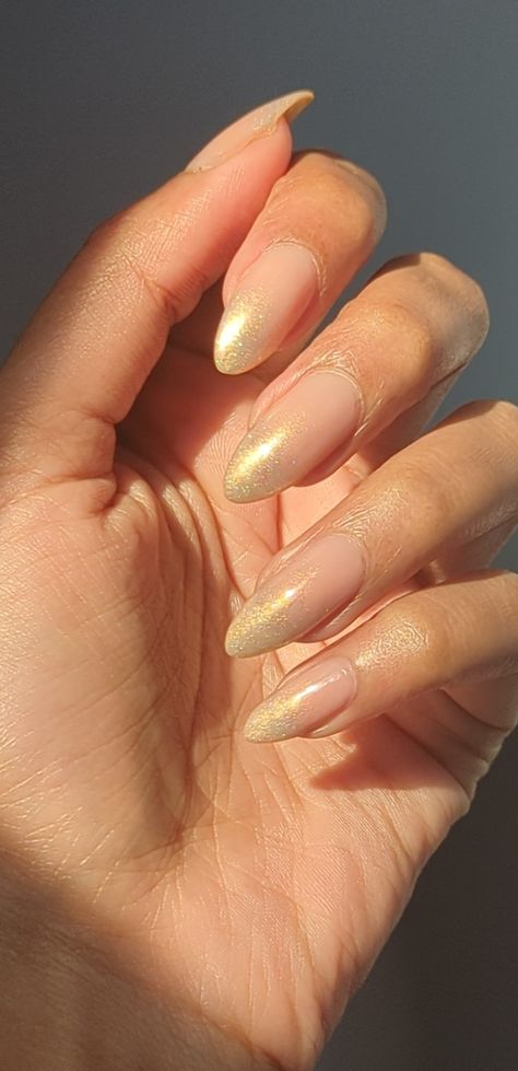 Nails For Golden Dress, Gold Dress Nails Ideas, Iredesant Gold Nails, Tan Pearl Nails, Nails To Match Terracotta Dress, Gold Shimmer Nails Acrylic, Weddings Nails Bridesmaid, Ivory Gold Nails, Gold Nails Shimmer