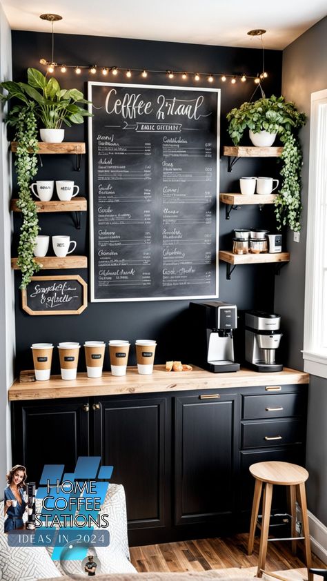 Mini Cafe Ideas At Home, Coffee Setup In Kitchen, Retail Coffee Bar, Coffee Station With Fridge, At Home Barista Bar, Commercial Coffee Bar Ideas, Narrow Coffee Bar Ideas, Coffee Bar Accent Wall Ideas, Coffee Section On Counter