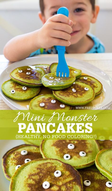 Healthy Halloween Monster Pancakes for Kids made with fresh spinach and no food coloring!   #halloween #breakfast #pancakes #healthyhalloweenrecipe #halloweenbreakfast #spinachpancakes #greenpancakes #hiddenveggierecipes Halloween Food Ideas Breakfast, Halloween Kids Breakfast Ideas, Kids Halloween Breakfast Ideas, Halloween Food Healthy, Lunch Halloween For Kids, Halloween Toddler Food, Halloween Themed Food For Kids, Monster Food Ideas, Halloween Healthy Food