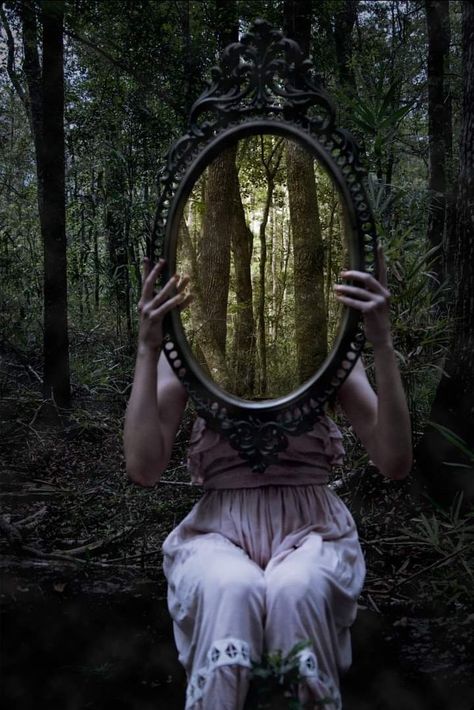 Spooky Mirror Photoshoot, Photo Themes Ideas, Whimsical Photography Women, Horror Aesthetic Ideas, Outdoor Mirror Photoshoot, Spooky Woods Photoshoot, Photography Props Ideas, Dark Academia Photography, Holding Mirror