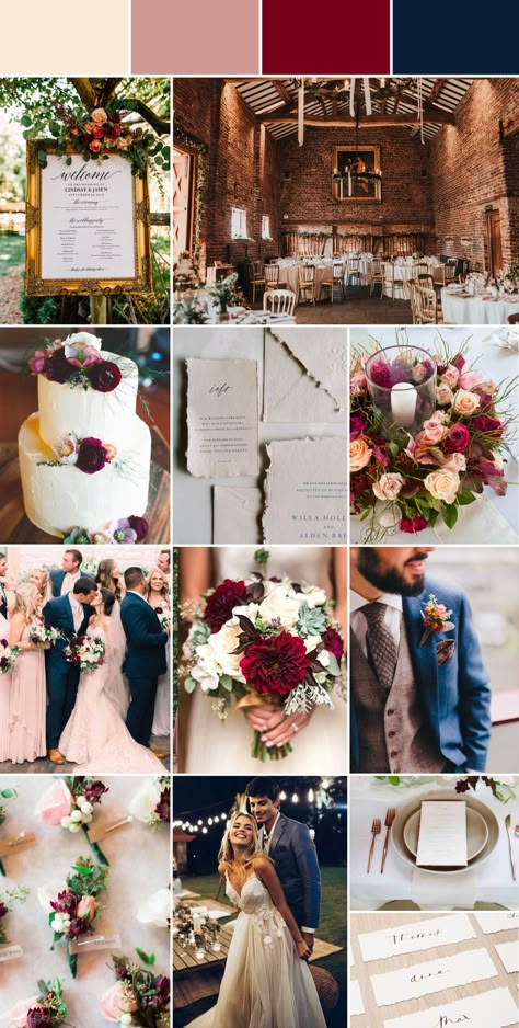 Fall Wedding Gold And Burgundy, Navy And Gold Fall Wedding, Country Wedding Color Palette, Rustic Elegant Wedding Colors, Rose Gold And Wine Red Wedding Theme, Dusty Rose Burgundy And Navy Wedding, Dusty Rose And Burgundy Wedding Theme, Cinnamon Rose And Navy Wedding, Romantic Marsala Wedding