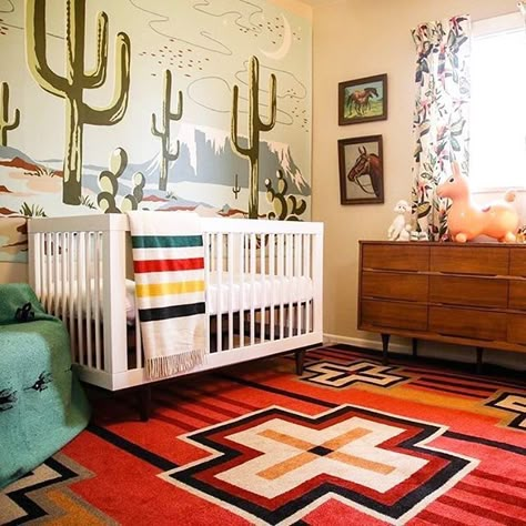 How amazing is this cactus mural, hand-painted by mama-to-be? Totally on-trend for 2017.  Room by @rockinbclothing Western Nursery Wallpaper, Western Floral Nursery, Western Nursery Mural, Cowboy Nursery Wallpaper, Vintage Cowboy Nursery, Western Crib, Cowboy Nursery, Nursery Area Rug, Western Nursery