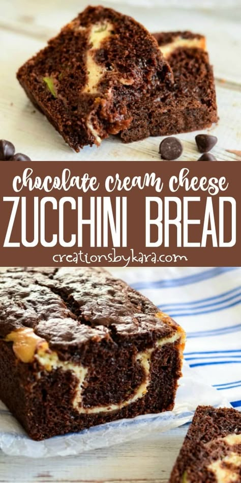 Extra zucchini? Give this Chocolate Zucchini Bread with Cream Cheese a try. Rich and chocolatey, with a tangy cheesecake filling. A perfect zucchini bread recipe for chocolate and cheesecake fans. #chocolatezucchinibread #creamcheesezucchinibread #zucchinibreadwithcreamcheese #chocolatezucchinibreadwithcreamcheese #quickbreadrecipe #zucchinirecipe -from Creations by Kara Chocolate Cream Cheese Zucchini Bread, Cream Cheese Zucchini Bread, Zucchini Sweets, Zucchini Cheesecake, Chocolate Zucchini Bread Recipes, Zucchini Bread With Cream Cheese, Cheese Zucchini Bread, Zucchini Dessert Recipes, Bread With Cream Cheese Filling