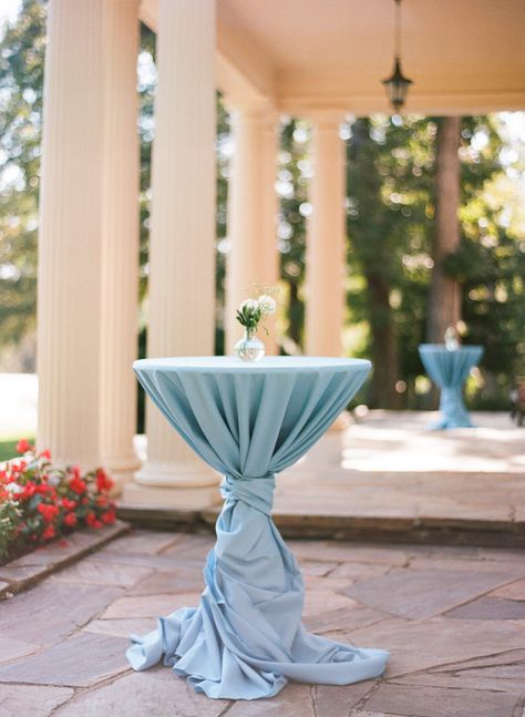 Dusty Blue Garden Wedding at The Rust Manor House Dusty Blue Tablecloth, Dusty Blue Wedding Decorations, Dusty Blue Garden Wedding, Blue Garden Wedding, Rust Manor House, Wedding Cocktail Tables, Summer Engagement Party, Cocktail Table Decor, Cocktail Hour Decor