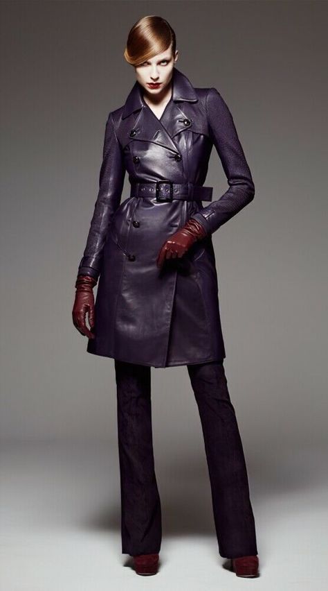 Jitrois Dark Purple Lambskin Leather Dress Trench Coat sz 44 US 6 - 8 $6850 From the Fall 2012 collection comes this stunning Jitrois lambskin leather classic style belted trench coat in a deep purple shade.  The coat is a classic double-breasted belted style and has textured leather at the cape and shoulder which will help protect from strap wear from purses and the like as well as as more flair to an already stylish coat. The coat has been gently worn, and the only real sign is a slight darken Purple Long Leather Jacket, Leather Dress Women Coat, Dark Purple Winter Coat, Purple Trench Coat Women, Trent Coat, Wrinkled Clothes, Leather Coat Womens, Long Leather Coat, Coat Outfit