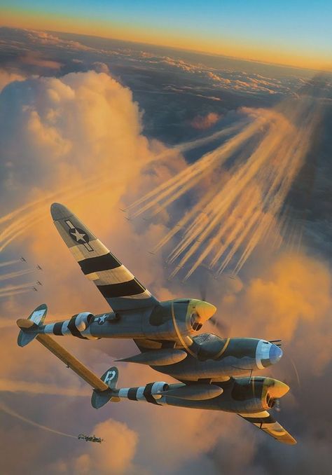 Vintage Aircraft Art, P 38 Lightning, P38 Lightning, Lockheed P 38 Lightning, Ww2 Fighter Planes, Scene Illustration, Aircraft Painting, Military Artwork, Wwii Plane