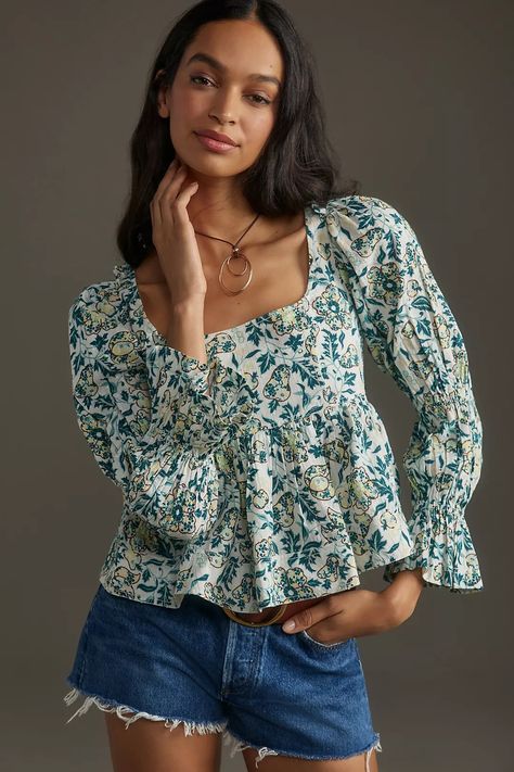 Pilcro Long-Sleeve Babydoll Top | Anthropologie UK Wardrobe List, Fitted Jeans, Blouses Women, Babydoll Blouse, Italian Outfits, Cotton Pullover, Anthropologie Top, Holy Grail, Babydoll Top