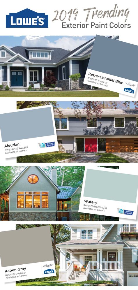 When you need outdoor paint to freshen up an exterior surface, stop by Lowe's to get started. #trending #house #colors Lowes Siding Colors, Grey Blue Exterior House Colors, Interior Paint Colors Schemes, Home Improvement Show, Home Improvement Loans, Casas Coloniales, House Color, House Paint Exterior, House Paint