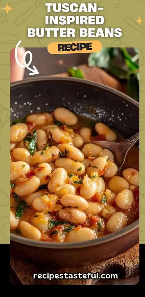 A hearty and flavorful dish that combines creamy butter beans with savory garlic, tomatoes, and earthy greens. This Tuscan-inspired recipe is rich in Mediterranean flavors, making it perfect as a main dish or side. The addition of smoked paprika, Parmesan cheese, and a touch of fresh herbs brings this comforting dish to life! #TuscanBeans #ButterBeans #HealthyEating #MediterraneanDiet #EasyDinner #VegetarianRecipe Marinated Butter Beans Recipe, Tuscan Butter Beans, Dried Butter Beans Recipe, Butterbean Recipes, Recipes With Beans, Butter Bean Salad, Butter Beans Recipe, Comforting Meals, Mediterranean Flavors