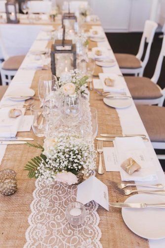 Chic Rustic Burlap And Lace Wedding Decor Ideas ★ lace wedding decor ideas lace burlaptable decor Studio Something Kitchen Tea Decorations, Hessian Wedding Ideas, Wedding Table Cloth Ideas, White Tablecloth Wedding, Beach Wedding Table Decorations, Long Table Decor, Burlap Wedding Table, White Table Decor, Hessian Table Runner