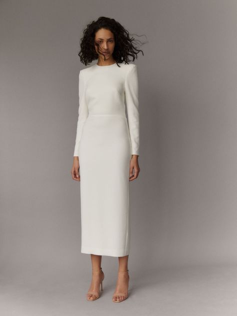 White Formal Dress With Sleeves, Maria Fekih Wedding Dresses, White Dress Outfit Formal, White Midi Dress Classy, White Midi Dress With Sleeves, Civil Ceremony Outfit, Maria Fekih, White Dress 2023, Long Sleeve Midi Dress Bodycon