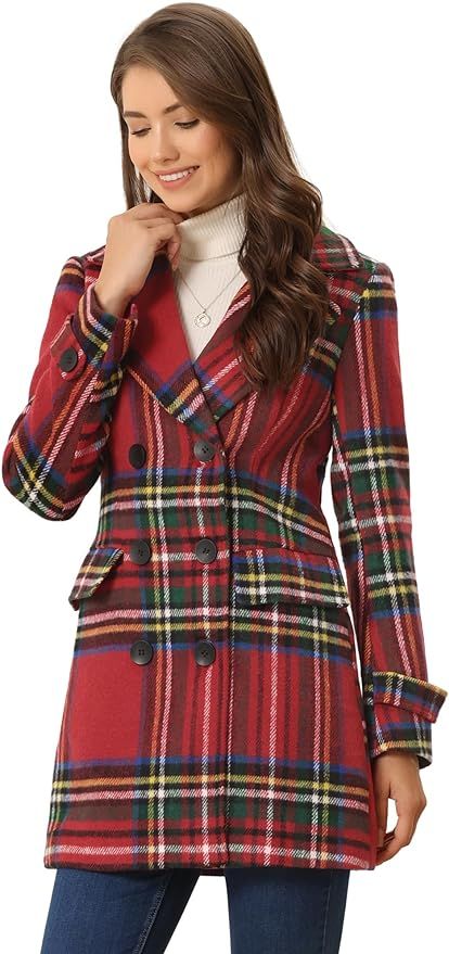 Amazon.com: Allegra K Women's Buffalo Checks Double Breasted Notched Lapel Winter Long Plaid Trench Coat : Clothing, Shoes & Jewelry Coaching Outfits, Red Plaid Coat, Plaid Clothes, Plaid Overcoat, Sewing Bras, Autumn Coats, Plaid Trench Coat, Christmas Wardrobe, Royal Stewart Tartan