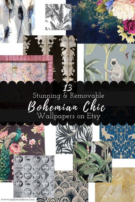 13 Stunning Removable Wallpapers that Seize Boho Beautifully Boho Removable Wallpaper, Plants In Home Decor, Bohemian Style Wallpaper, Bathroom Wallpaper Inspiration, Small Bathroom Wallpaper, Peelable Wallpaper, Affordable Wallpaper, Bohemian Wallpaper, Funky Wallpaper