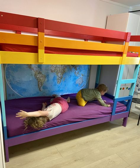 Rainbow Bunk Bed, Painted Bunk Beds, Ikea Mydal, Rainbow Bed, Doll Bunk Beds, Ikea Bed, Rainbow Painting, Room Renovation, Bunk Bed