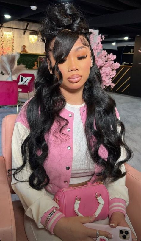 Half Up Half Down Bun Lace Front Wig, Bun With Bangs Black Women Weave, Half Up Half Down Bang Quick Weave, Half Up Half Down Bun Wig, Birthday Hair Ideas Hairstyles Half Up, Half Up Half Down Pin Up Hairstyles, Up Down Wig Styles, Half Up Half Down Bun With Bangs, Barbie Hairstyle Black Women