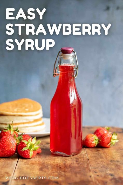 This simple Strawberry Syrup recipe takes strawberries and sugar and turns them into a tasty syrup. Use on ice cream, pancakes, cocktails... Fruit Syrup Recipe, Strawberries And Sugar, Homemade Simple Syrup, Strawberry Syrup Recipes, Strawberry Simple Syrup, Cream Pancakes, Drink Syrups, Simple Syrup Recipes, Cakes And Desserts