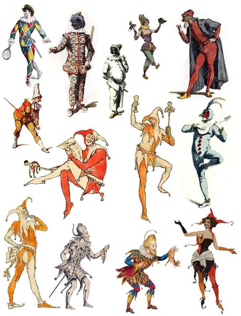 Jesters and Jokers Clipart, Digital Collage Sheet By ImageSource | Character design, Character art, Art inspiration . #Medieval_Jester #Jester_Costume #Pierrot_Clown #Vintage_Clown Jester Outfit Medieval, Medieval Jester Aesthetic, Medieval Jester Costume, Diy Jester Costume, Court Jester Aesthetic, Jester Clothing, Jester Outfits, Clowns Costume, Jester Character Design