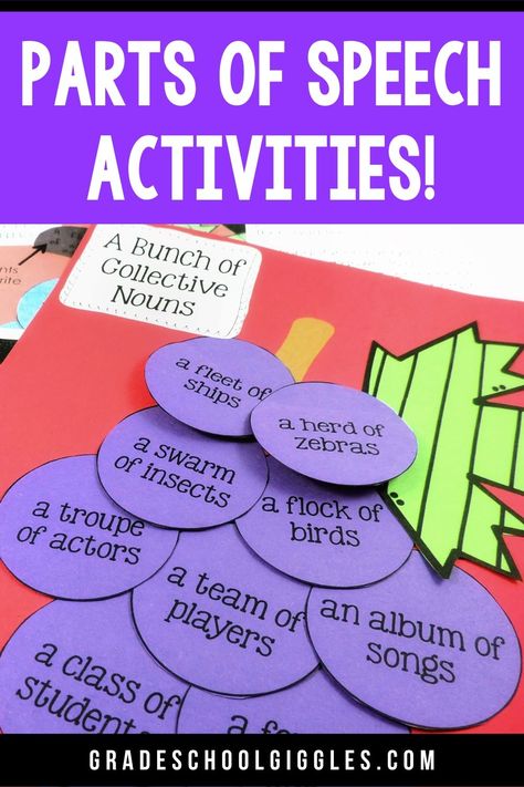 Teaching grammar got you stumped? Engage your elementary school students in learning about the eight parts of speech with fun and engaging printables like posters, games, and interactive worksheets. With these resources, kids will never find themselves bored in English class again. Check out our blog for more details about these exciting parts of speech activities! Grammar Games For Kids, Elementary Grammar, English Grammar Games, Parts Of Speech Games, Eight Parts Of Speech, Nouns Activities, Third Grade Activities, English Notes, Speech Games