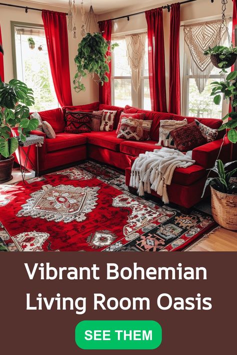 Vibrant bohemian living room with red decor, lush plants, and cozy furnishings. Red And White Living Room Ideas, Boho Red Living Room, Red Apartment Living Room, Boho Living Room Red Rug, Boho Living Room Red Couch, Red Vintage Couch Living Rooms, Living Room Chair Decor, Grey And Red Living Room, Boho Red Rugs