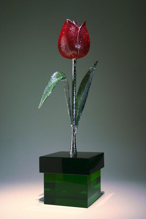 TULIP (Tulipa) 3187 pieces of Swarovski crystals 22” high x 9” wide Cast, Polished, Rhodium Plated On crystal base Tulip Mosaic, Tulips Jewelry, Tulip Sculpture, Beaded Tulip, Tiger Lily Sculpture, Rhodium Plated, Tulips, Amsterdam, Swarovski Crystals