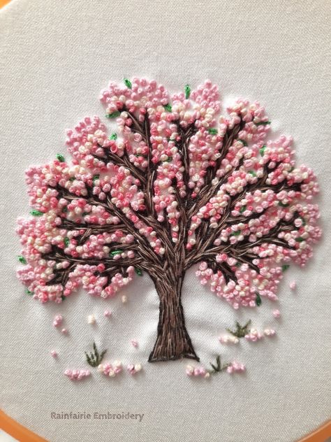 Hand Embroidery Tree Pattern, Embroidery Tree Branch, Cherry Tree Embroidery, Embroidery Tree Design, Embroidery Trees Tutorials, Tree Embroidery Tutorial, Embroidery Tree Pattern, Tree Branch Embroidery, Branches Embroidery