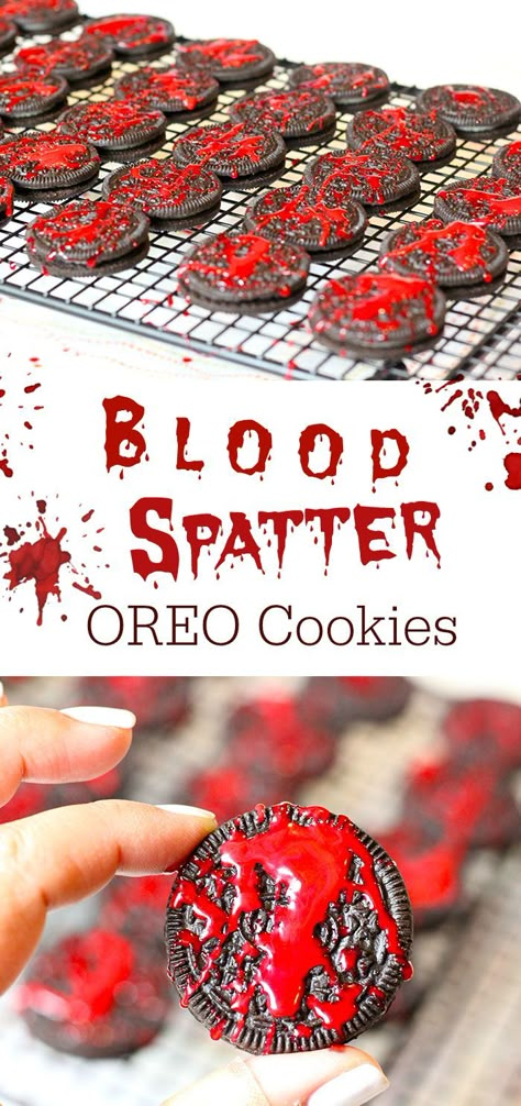 4 Totally Creepy Halloween Treats for Your Parties .  These Blood Spatter OREO Cookies are epic. #BootasticHalloween #ad Creepy Halloween Party, Strašidelný Halloween, Halloween Party Treats, Dulces Halloween, Halloween Decor Diy, Easy Halloween Party, Halloween Fest, Halloween Party Ideas, Spooky Halloween Party