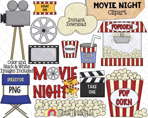 Movie Night Illustration, Planner Illustrations, Journal Illustrations, Night Clip, Movie Theater Chairs, Movie Clipart, Popcorn Movie, Chair Drawing, Bullet Journal Ideas Templates