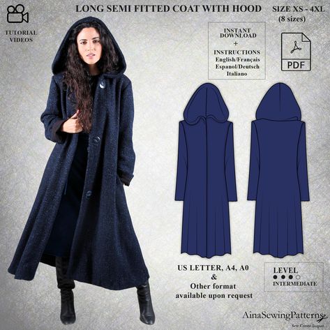 🤩PDF Digital sewing pattern for LOOMYS coat🤩 Enhance your closet with our LOOMYS sewing pattern for an enchanting long coat. Achieving a harmonious blend of semi-fitted, flared aesthetics, this design goes beyond mere style - the inclusion of a hood and thoughtfully integrated pockets along the lateral seam infuse both flair and functionality into your outfit. ⚠️SPECIAL NOTES⚠️ *We have created individual pieces for the sleeve lining/sleeve main fabric and the back  lining/back main fabric bec Hooded Coat Pattern, Winter Coat Pattern, Coat Sewing Pattern, Coat Sewing, Coat Pattern Sewing, Pattern Modern, Coat Patterns, Hooded Coat, Modern Pattern