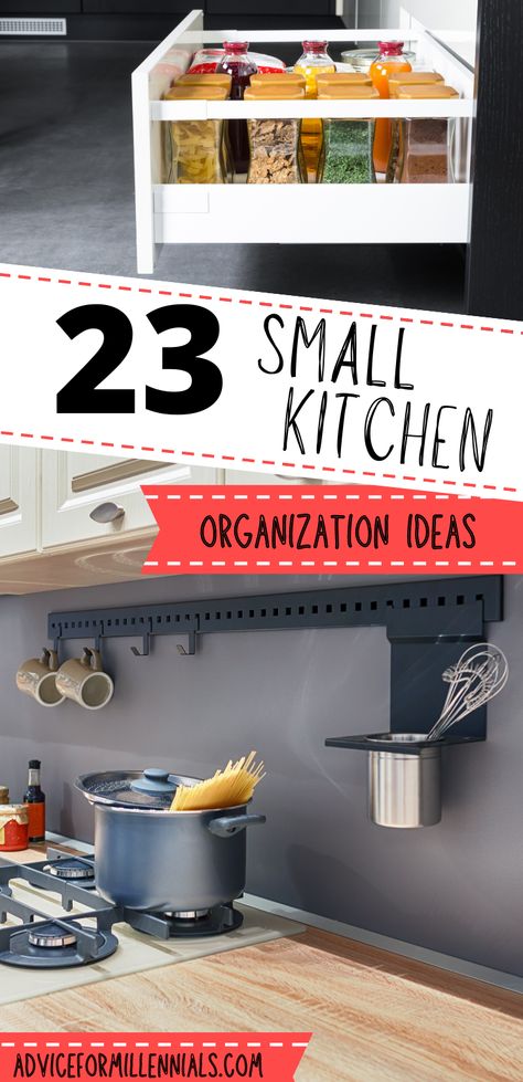 23 small kitchen organization ideas Small Kitchen Organization Ideas, Small Kitchen Hacks, Small Apartment Organization, Small House Organization, Storage Hacks Diy, Kitchen Organization Ideas, Kitchen Storage Hacks, Apartment Storage, Small Apartment Kitchen