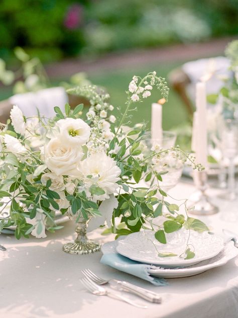 Green and white flower wedding centerpieces, pier 1 plates, ornate plates, wedding decor, summer wedding, blue wedding ideas, silver centerpiece, green weddings, white rose, tall white candles, silver candlesticks Lairmont Manor - Bellingham Venues - Kerry Jeanne Photography, Green And White Wedding, Green Wedding Flowers, English Garden Wedding, White Centerpiece, White Wedding Theme, Romantic Garden Wedding, Garden Wedding Inspiration, White Wedding Flowers, Wedding 2024