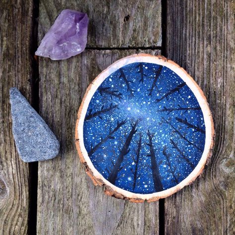 Pine Tree Silhouette, Wood Cake Topper, Wood Slice Art, Wood Slice Crafts, Decoration Photo, Galaxy Painting, Wood Circles, Wood Slice Ornament, Galaxy Art