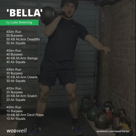 "Bella" Workout, CrossFit WOD | WODwell - 400m Run; 50 Burpees; 50 KB Alt Arm Deadlifts; 50 Air Squats; 400m Run; 40 Burpees; 40 KB Alt Arm Swings; 40 Air Squats; 400m Run; 30 Burpees; 30 KB Alt Arm Cleans; 30 Air Squats; 400m Run; 20 Burpees; 20 KB Alt Arm Snatch; 20 Air Squats; 400m Run; 10 Burpees; 10 KB Alt Arm Devil Press; 10 Air Squats Arm Wod Crossfit, Back Squat Workout Crossfit, Sandbag Workout Crossfit, Running Wods Crossfit, Devil Press Workout, Kb Wod, Kb Exercises, Hyrox Workout, Running Wod