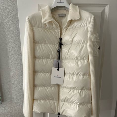 Moncler 22fw puffer knit cardigan, size S, New Designer White Outerwear With Ribbed Cuffs, Designer White Winter Cardigan, Designer White Fall Cardigan, Designer White Cardigan For Fall, Designer Cream Winter Sweater, Luxury White Winter Cardigan, Luxury White Outerwear With Ribbed Cuffs, Designer Cream Sweater For Winter, Luxury White Winter Sweater