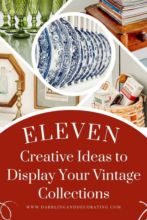 How To Display Small Items, How To Display Vintage Dishes, Collector Plate Display Ideas, Antique Booth Displays Inspiration, Vintage Ski Lodge Decor, Vintage Booth Display Ideas, Displaying Antiques, Collection Display Ideas, Antique Display Ideas