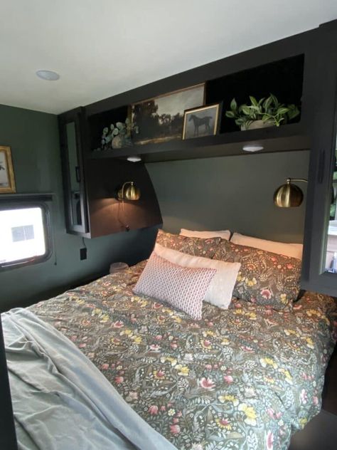 24 Easy RV Interior Lighting Updates | RV Inspiration Camper Trailer Decor, Modern Camper Interior, Camper Lighting Ideas, Dark And Moody Rv, Rv Lighting Upgrade, Camper Ceiling Ideas, Moody Rv Interior, Camper Bunk House Remodel, Camper Bedroom