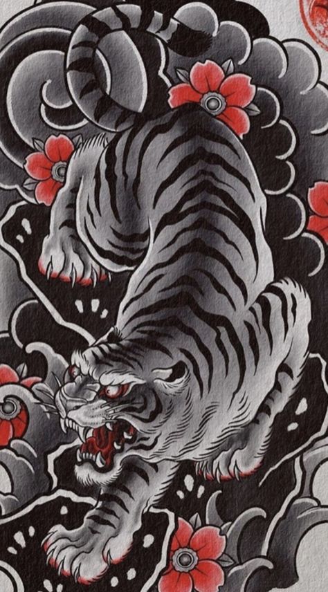 Japanese Traditional Wolf Tattoo, Japanese Style Lion Tattoo, Japanese Patterns Tattoo, Japanese Upper Back Tattoo, Japanese Tiger Drawing, Japan Tiger Tattoo, Japanese Tiger Tattoo Sleeve, Japanese Leg Tattoo Design, Japanese Tattoo Tiger