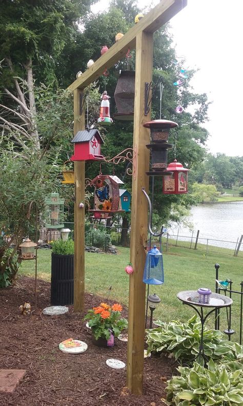 Bird Feed Station, Bird Feeder Areas Backyards, Bird Feeders In Yard, Multi Bird Feeder Station, Bird Sanctuary Ideas Backyards Diy, Multiple Bird Feeder Station, Bird Feeding Areas Backyards, Wildlife Feeding Station, Outdoor Bird Sanctuary