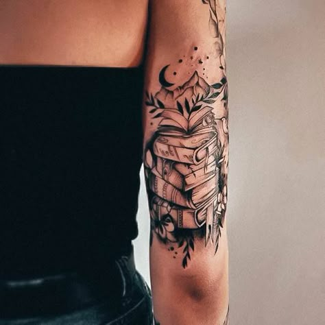 Pattern Sleeve Tattoos For Women, Fall Book Tattoo, Colorful Book Tattoo Ideas, Forearm Tattoo Women Books, Book And Mushroom Tattoo, Book Based Tattoos, Book Arm Sleeve Tattoo, Book Elbow Bend Tattoo, Throne Of Glass Tattoo Sleeve