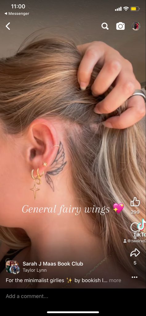 Fairy Wing Ear Tattoo, Wing Tattoo Arm, Fairy Wings Tattoo, Small Fairy Wings, Fairy Wing Tattoos, Bookish Tattoos, Fairy Ears, Angel Wings Tattoo, Wing Tattoo