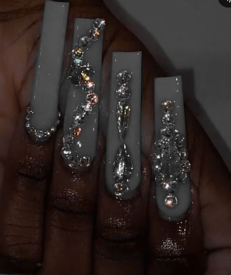 Prom Nails Silver Glittery, Silver Crystal Nails, Shiny Silver Nails, Grey Prom Nails, Silver Nails Prom, Silver And White Nails, Silver Nails Acrylic, Black And Silver Prom, Silver Prom Nails