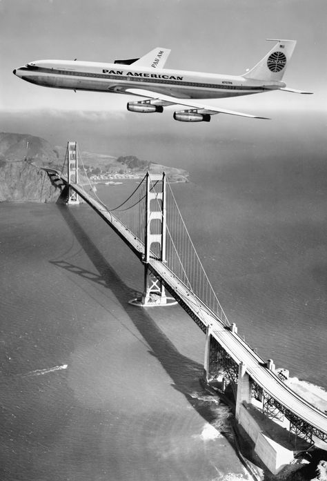 A Boeing 707 flying over the Golden Gate Bridge, 1958. Ceramic Oxides, Boeing 707, Boeing Aircraft, Jet Age, The Golden Gate Bridge, Vintage Airlines, Vintage Aviation, Pan Am, Pan American