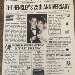 This 25th Anniversary Newspaper Poster is filled with fun facts and highlights of what happened in the year 1998. It makes a fantastic keepsake gift when printed and framed. It contains a few spots where you can add your personal touches and a picture of the couple in the middle. It has an antiqued paper background for that "back in the day" vintage newspaper feel. Classy typography and icons give the poster a timeless style. 25th Marriage Anniversary, Anniversary Newspaper, Classy Typography, Beatles Wallpaper, Newspaper Poster, Cut Out Pictures, 25th Anniversary Gift, Anniversary Couple, Vintage Newspaper