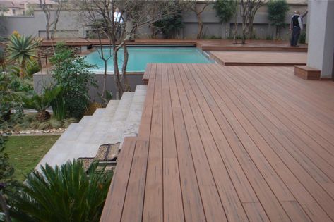 Pool Composite Decking, Above Ground Pool Looks Inground, Trex Pool Deck, Pool Decking Ideas Inground, Above Ground Pools That Look Inground, Pool With Wood Deck, Composite Pool Deck, Pool Wood Deck, Composite Decking Pool