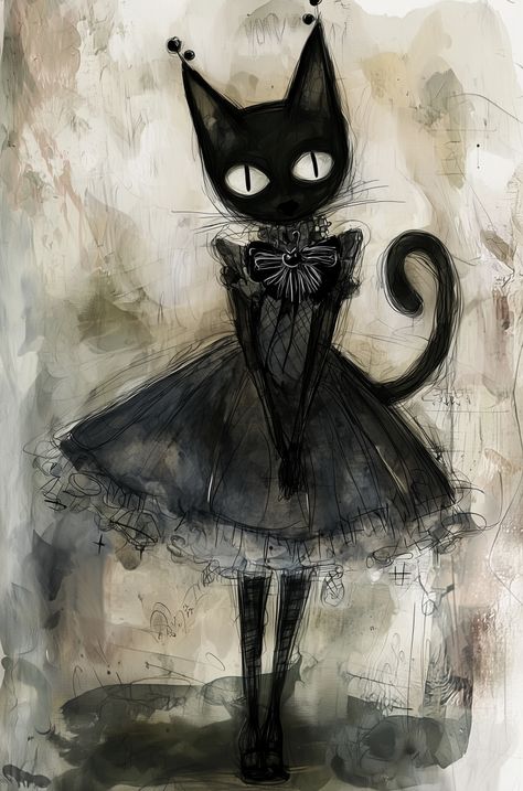 Caterina 🐈‍⬛🖤  #goth #gothart #art #fantasy #kunst #mycreation Gothic Whimsical Art, Creepy Woman Drawing, Dark Cat Drawing, Grey Cat Illustration, Goth Art Drawing, Goth Art Dark, Goth Kitty, Misfits Tattoo, Gothic Drawings