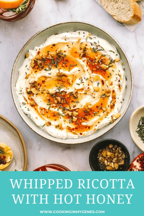 Make this creamy whipped ricotta dip with hot honey for a quick & delicious appetizer! Top with rosemary & walnuts, for savory & sweet bite! Ricotta Dipping Sauce, Whipped Ricotta Dip With Hot Honey, Whipped Ricotta And Honey Dip, Whipped Riccota Hot Honey, Ricotta And Hot Honey, Savory Whipped Ricotta, Appetizer Recipes Ricotta, Ricotta And Hot Honey Crostini, Ricotta Hot Honey Dip