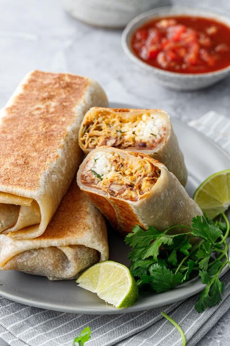 Crispy Chicken Burritos, Breakfast Burrito Aesthetic, Burrito Recipe Healthy, Low Carb Burrito, Healthy Burrito, Burrito Recipes, Bean Burritos, Cilantro Rice, Burrito Recipe