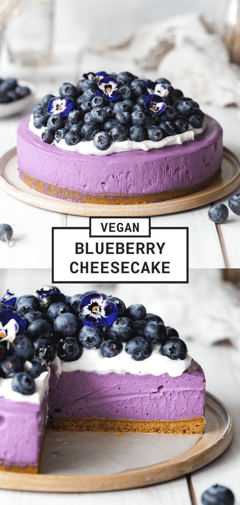 Blueberries Cheesecake, Cheesecake Recipes Blueberry, Blueberry Vegan Recipes, Vegan Blueberry Desserts, Cheesecake Blueberry, Vegan Blueberry Cake, Vegan Blueberry Dessert Recipes, Vegan Blueberry Cheesecake, Vegan Blackberry Cheesecake