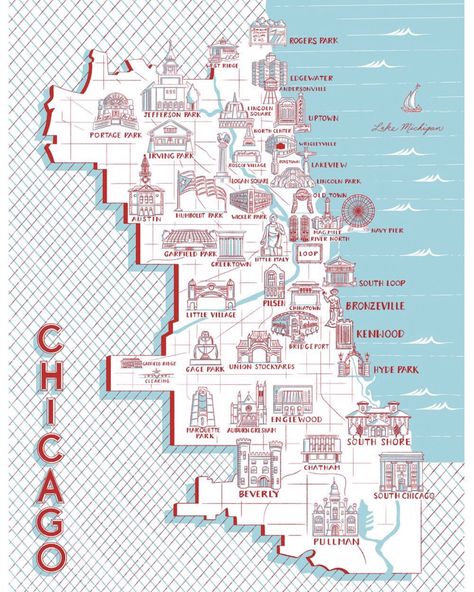 Chicago Neighborhoods Map, Chicago Vacation, Landmark Poster, Chicago Poster, Chicago Map, Park Square, Chicago Flag, Visit Chicago, Chicago Neighborhoods